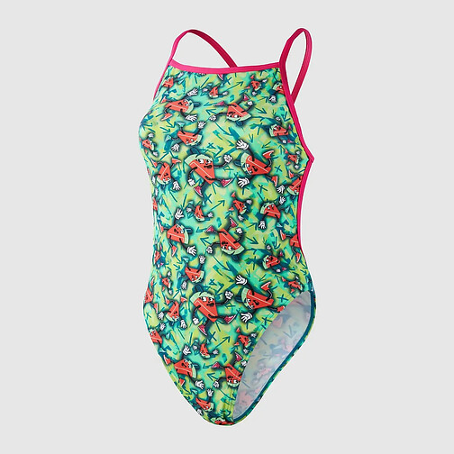 Speedo Купальник Allover V-Back Swimsuit green/pink